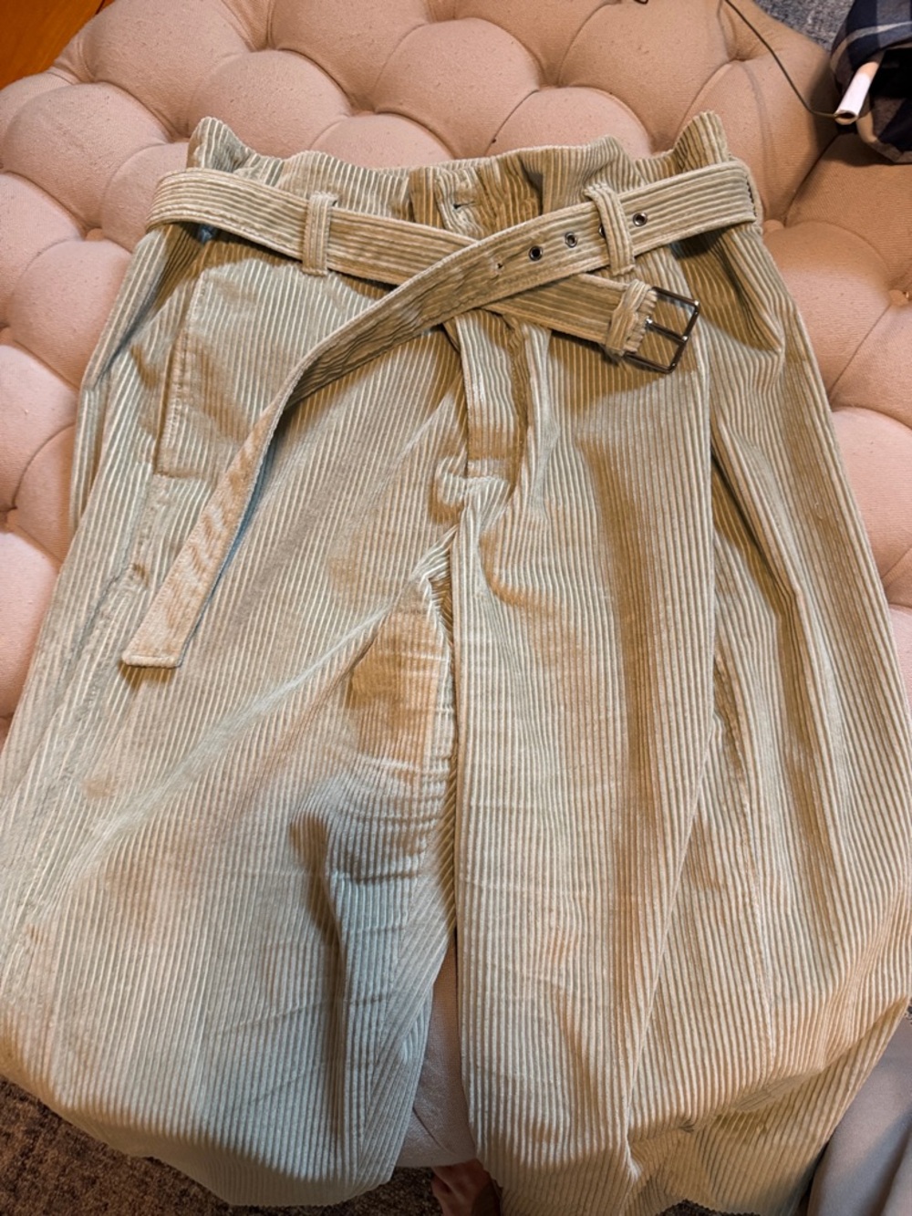 Brunello Cucinelli Light Sage Corduroy Belted Paperbag Trousers